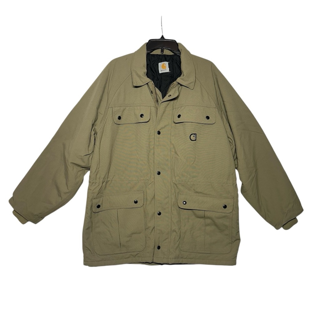 Carhartt Men Khaki Barn Chore Duck Canvas Jacket w Black Quilted Lined Interior